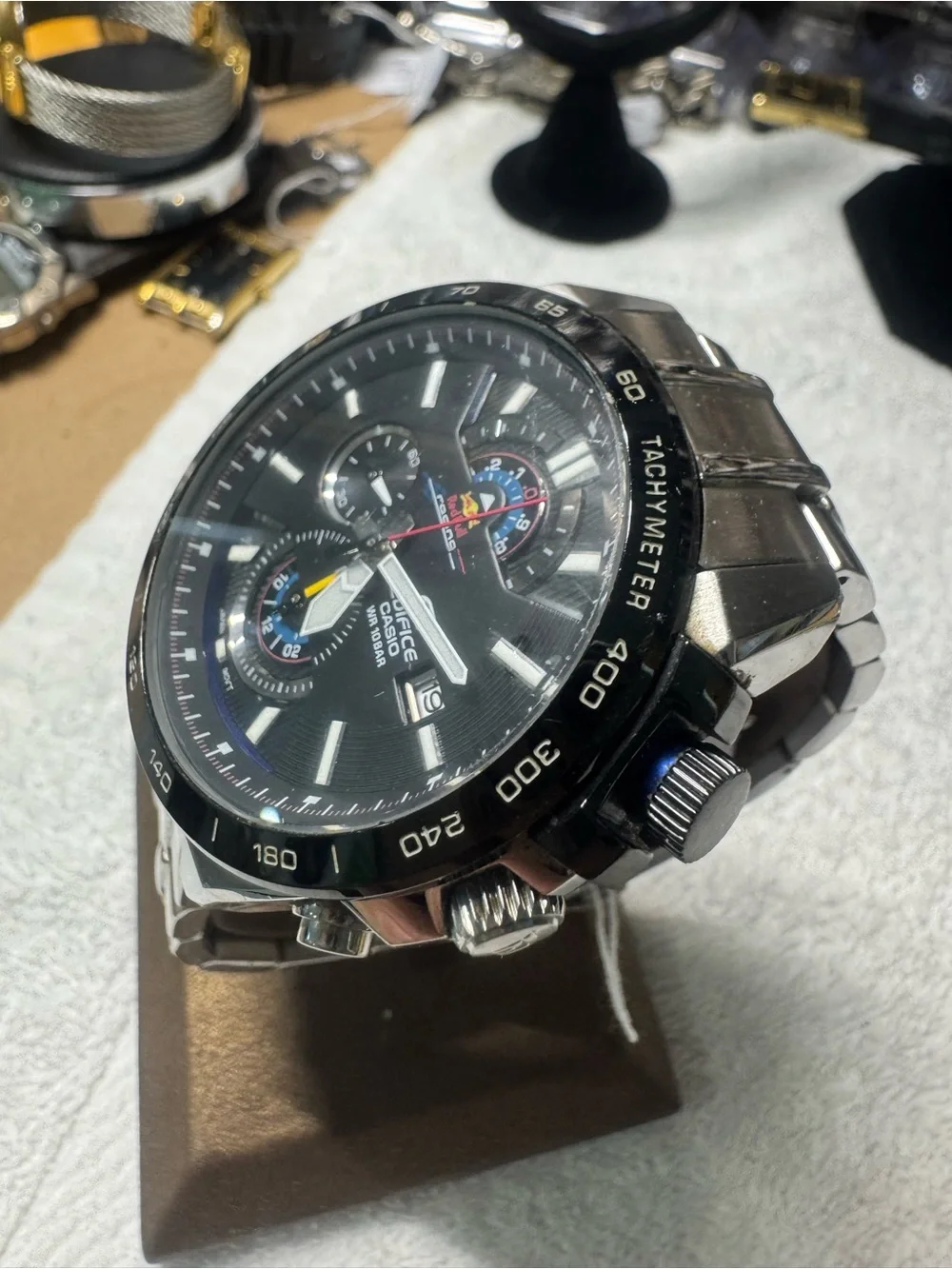 Casio Edifice Black Dial Stainless Chronograph with Red Accents